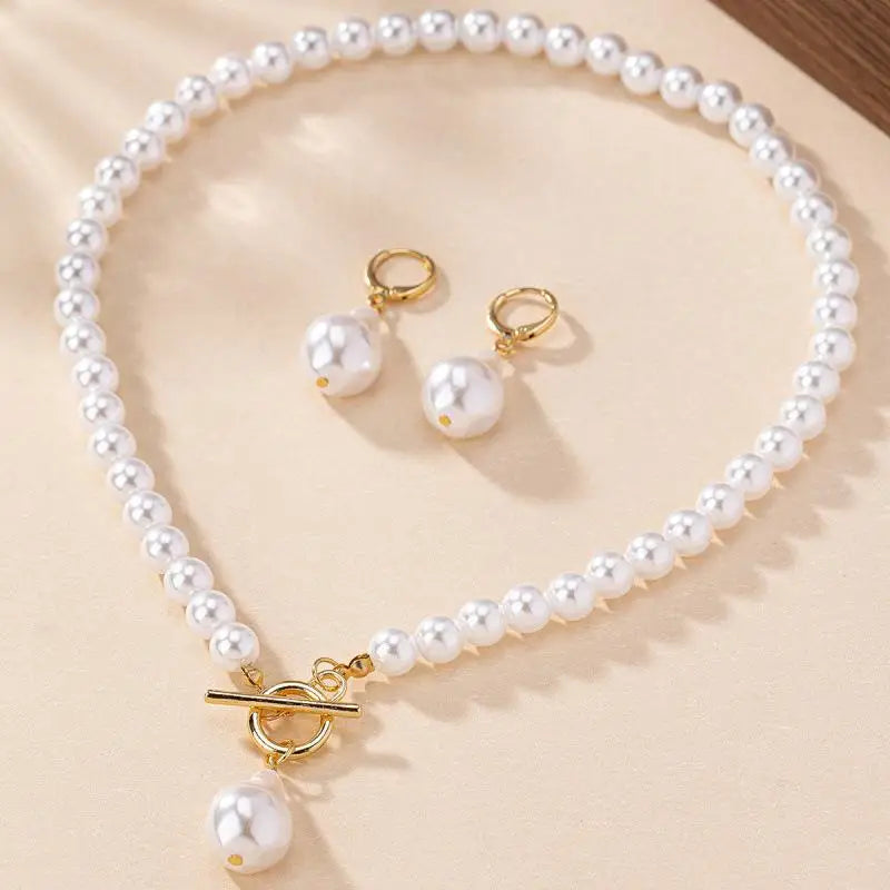 Faux Pearl Bridal Necklace & Stud Earrings Set | Wedding Jewelry