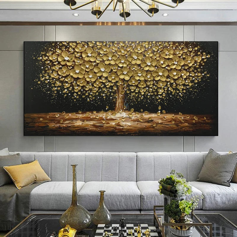 Abstract Leaves Oil Painting Print On Canvas Texture Golden and Silver Trees Wall Art Modern Home Decor Living Room Wall Decor Peaceful Pleasures Health and Wellness