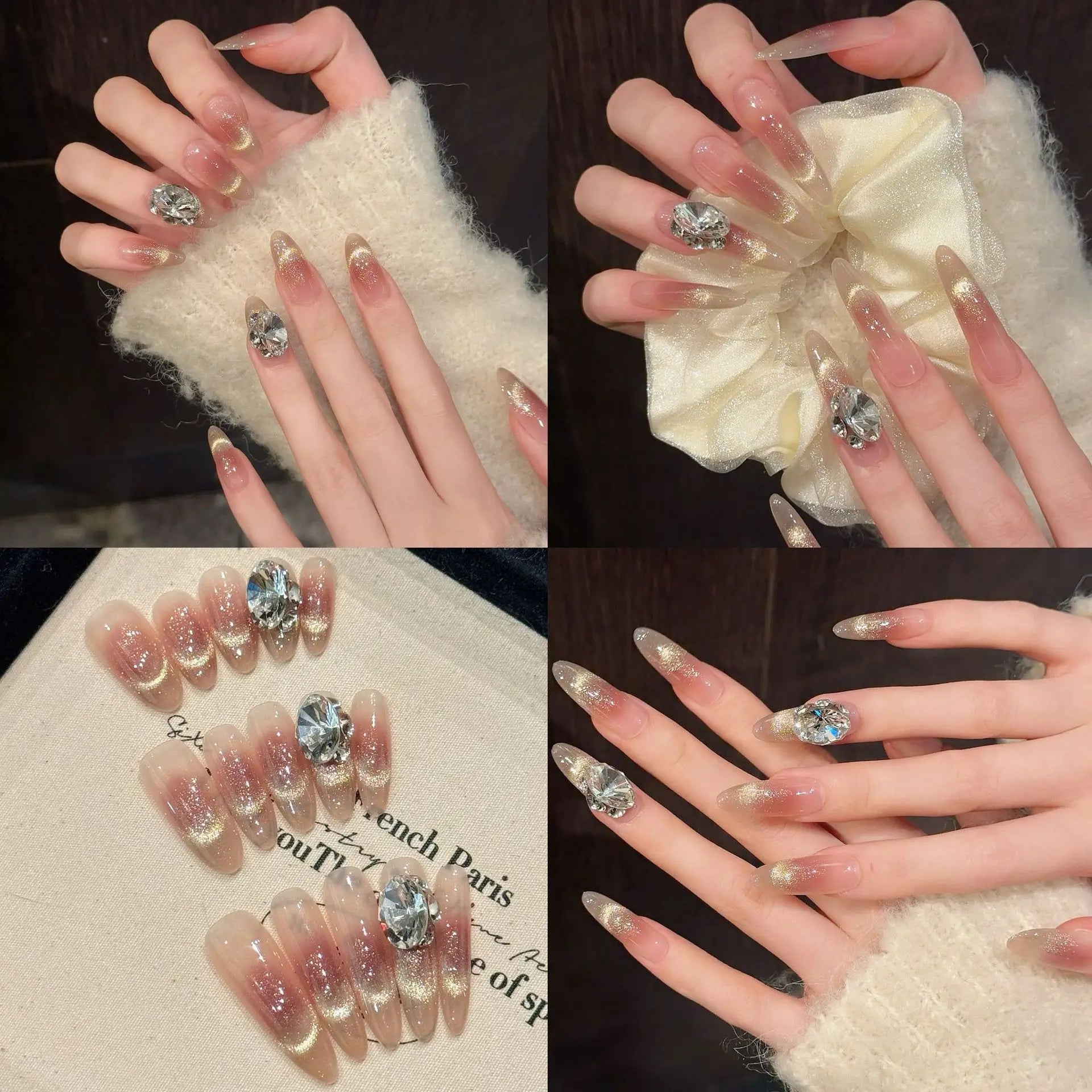 Handmade Press on Nails Sweet Shiny French Cat Eye Fake Nails with Large Diamond Wearable Full Cover Glitter Fashion Fake Nails Peaceful Pleasures Health and Wellness