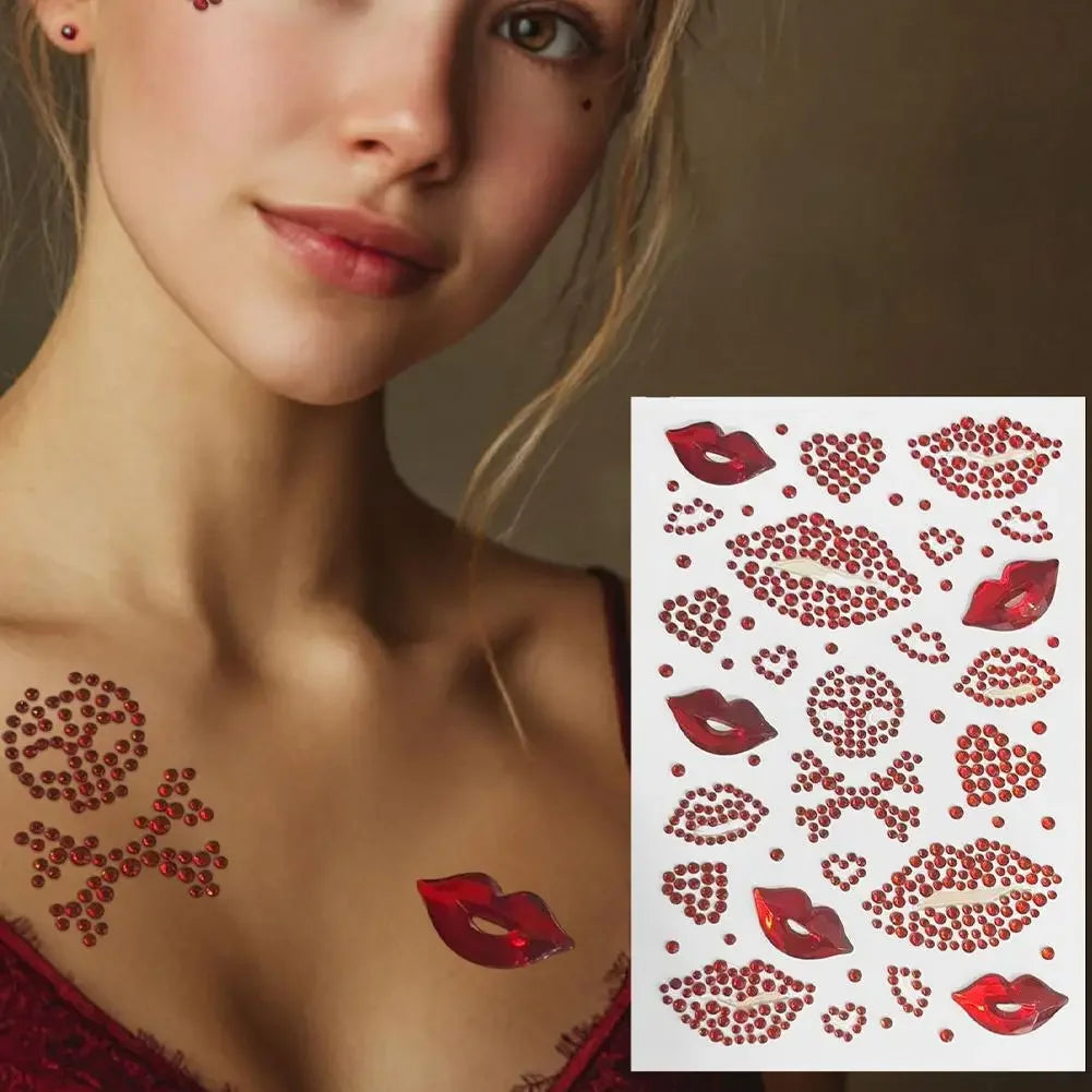 Red Heart & Lips Rhinestone Tattoos Self-Adhesive Glitter Face & Body Makeup Stickers Valentine's Day Face Gems Party Supplies Peaceful Pleasures Health and Wellness