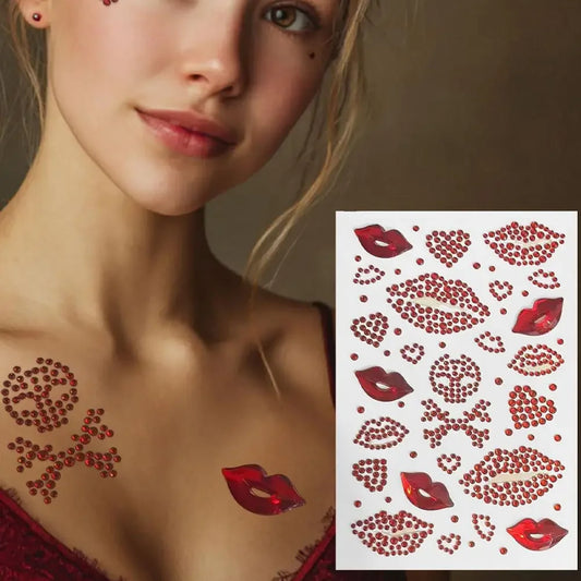 Red Heart & Lips Rhinestone Tattoos Self-Adhesive Glitter Face & Body Makeup Stickers Valentine's Day Face Gems Party Supplies Peaceful Pleasures Health and Wellness