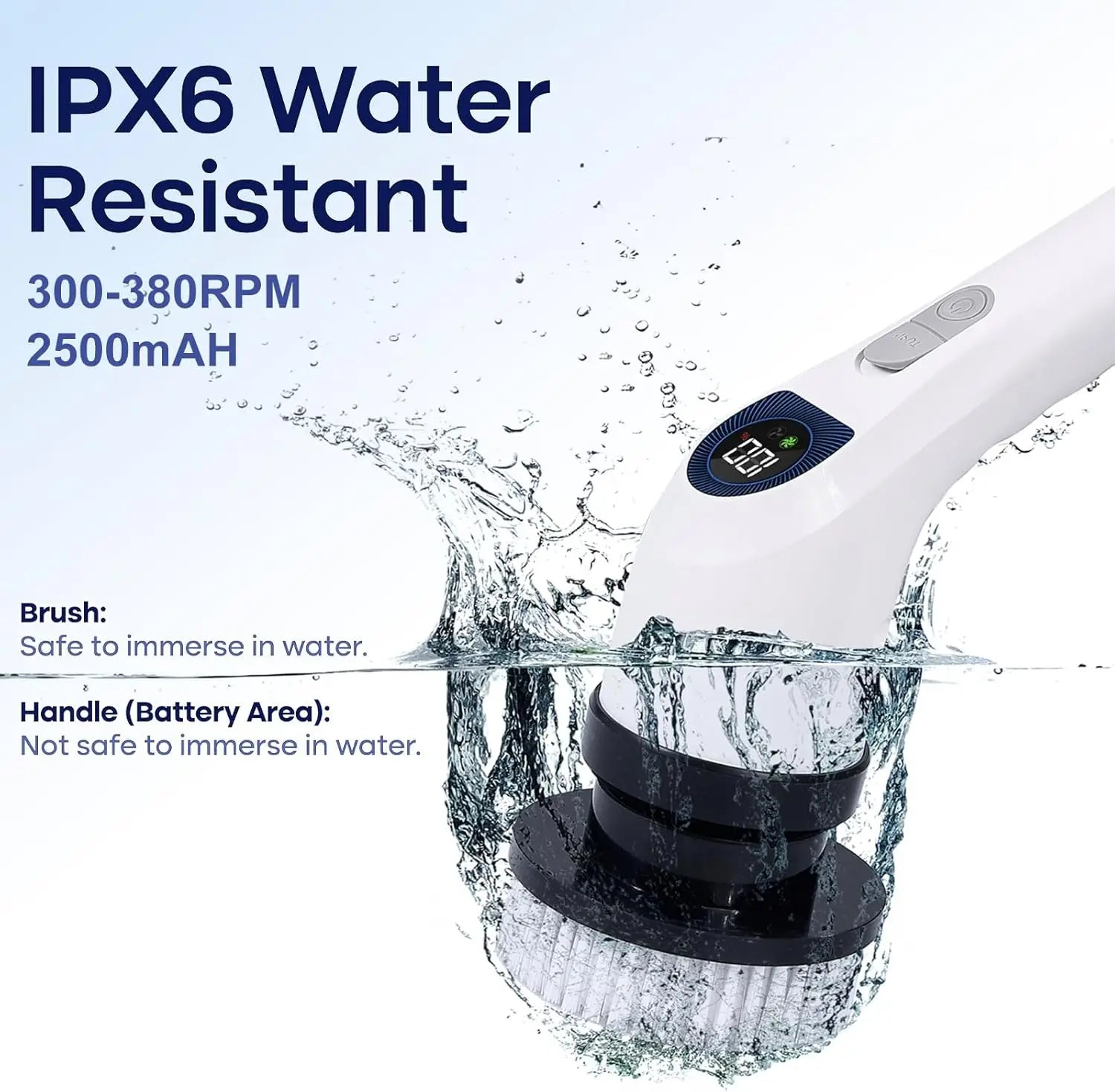 Electric scrubber with water resistance features on a white background