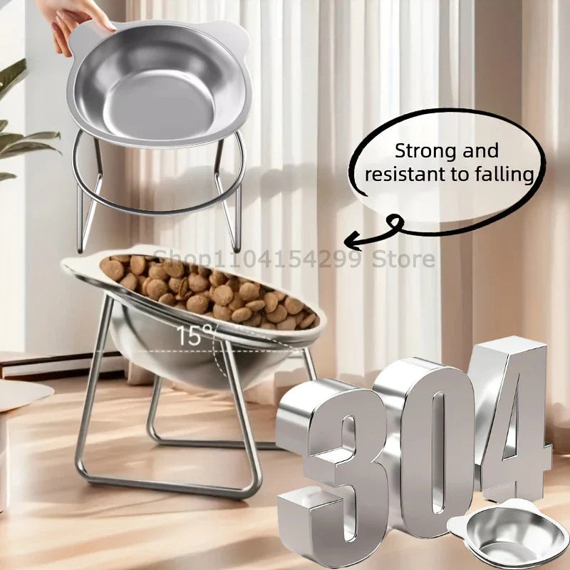 Elevated Stainless Steel Cat Bowl | 15° Tilted Stand, Non-Slip