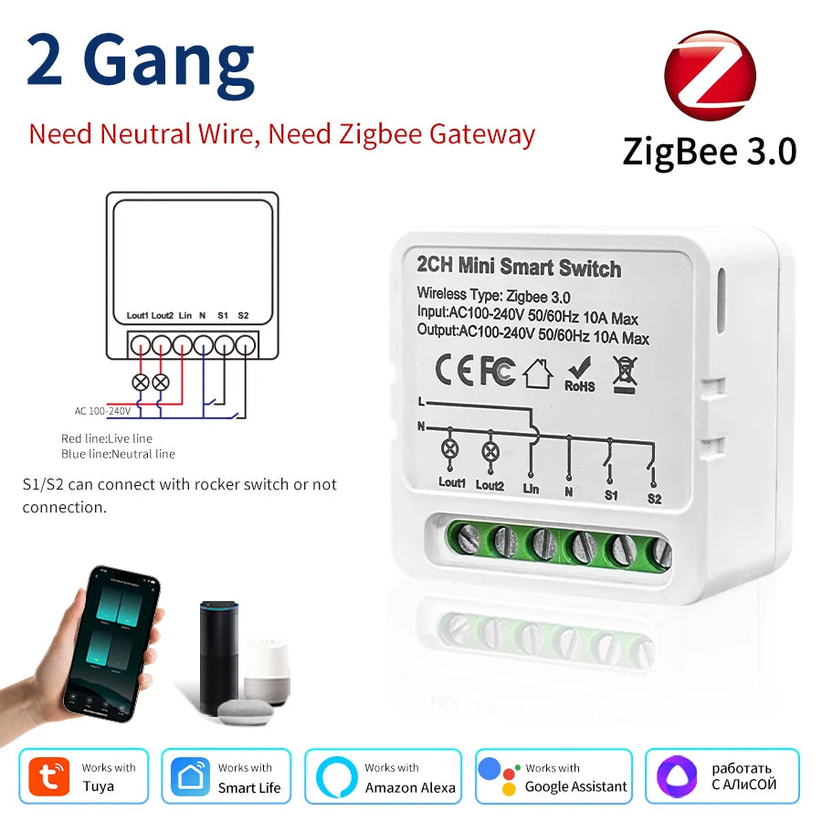 1/2/3 Gang Tuya ZigBee 3.0 Breaker Smart Switch 110V 220V Smart Home Relay Module Smart Life Voice Control For Alexa Google Home Peaceful Pleasures Health and Wellness 2CH 10AZigbee Switch