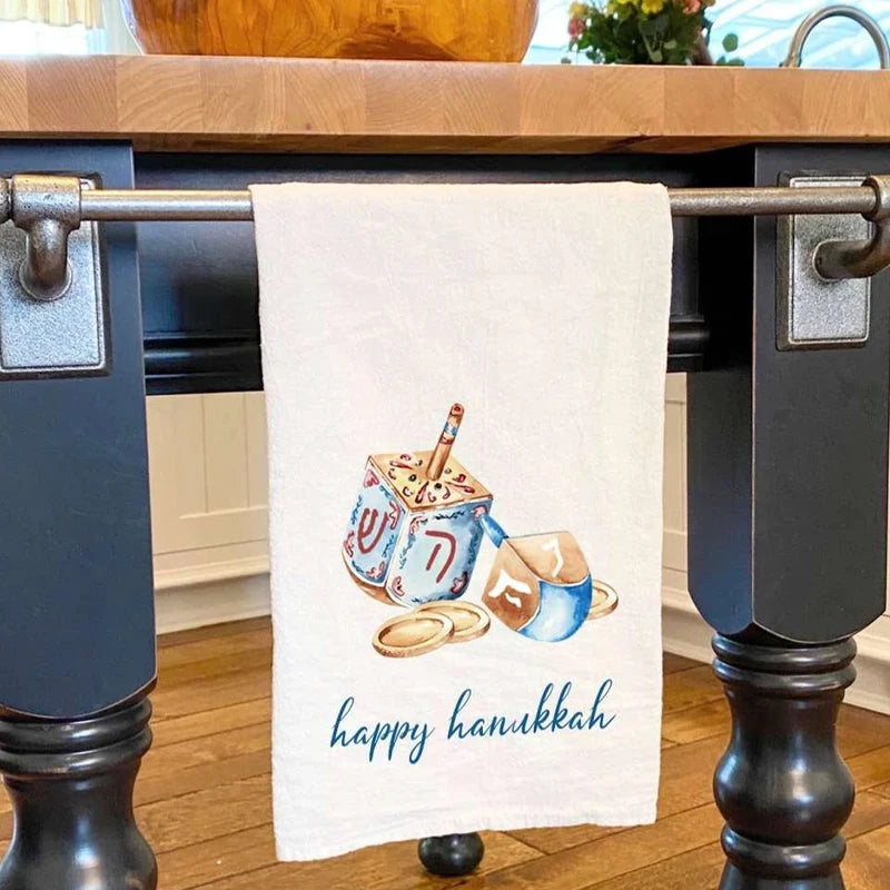 Happy Hanukkah Cotton Tea Towel – Dreidel & Coins Flour Sack Holiday Kitchen Towel Peaceful Pleasures Health and Wellness