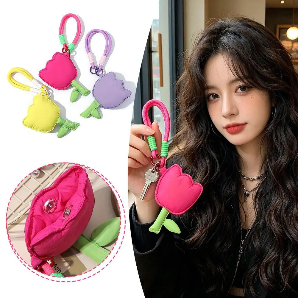 Puffy Tulip Bag Charm Keychain Kawaii Floral Pendant for Handbag Backpack Earphone Case Keyring Accessory Women Girl Gift Peaceful Pleasures Health and Wellness