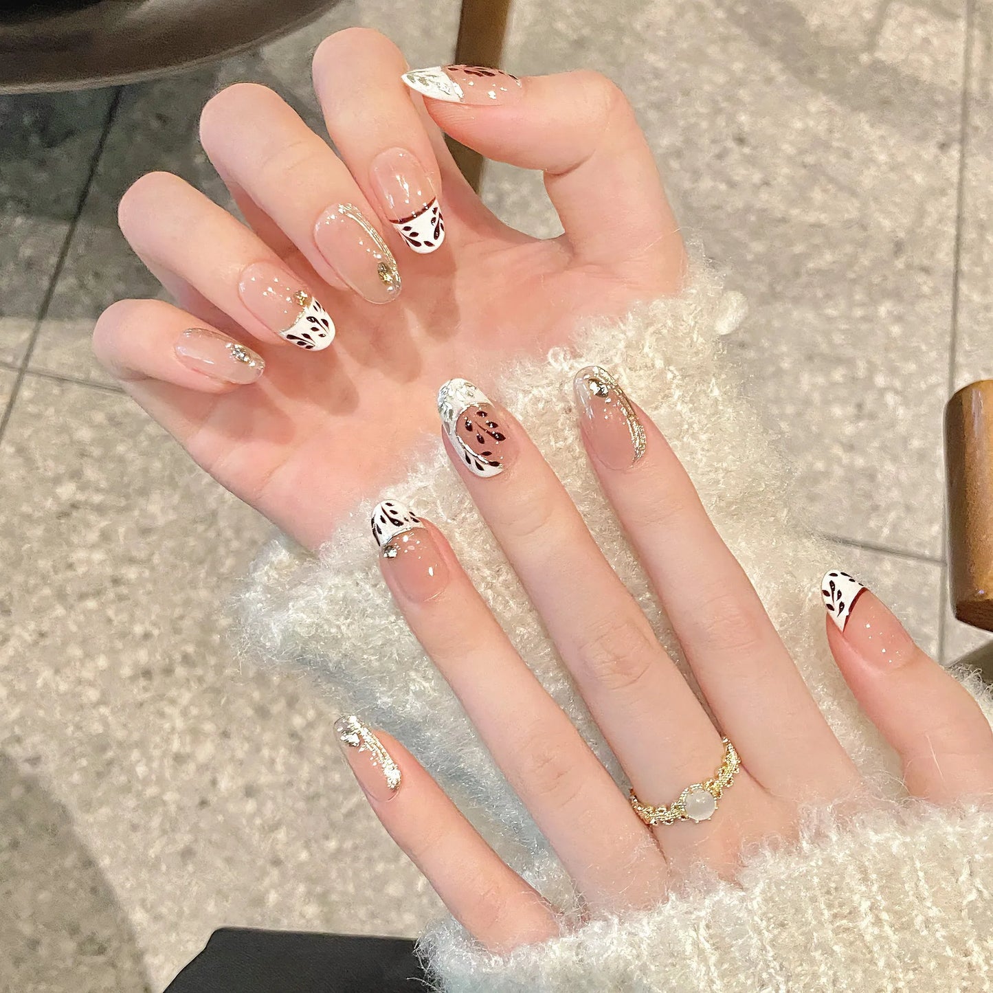 Handmade Maple Leaf Press-On Nails | French Diamond Milk White