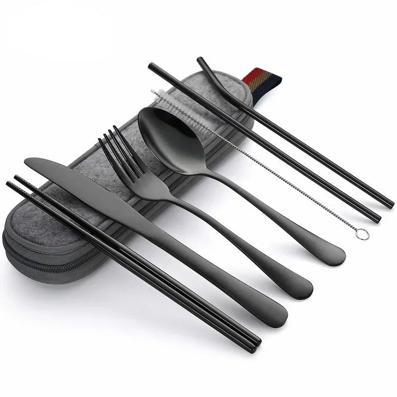 8-Piece Reusable Stainless Steel Travel Cutlery Set – Portable Utensils with Spoon, Fork, Chopsticks, Straw & Case
