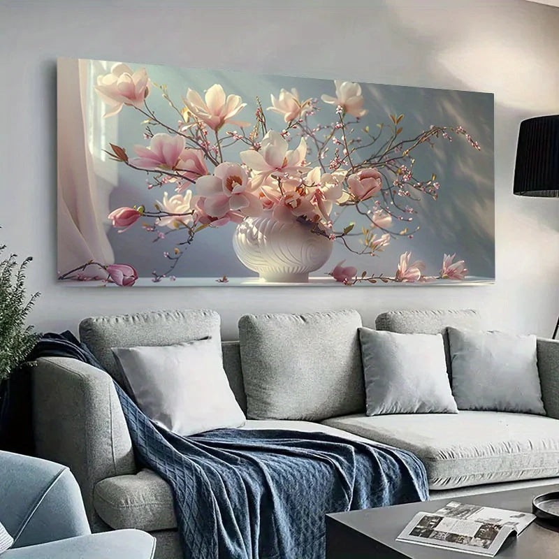 Large Frameless Canvas Art Modern Cherry Blossoms and Magnolias Wall Decor, Elegant Floral Design for Living Room Room Decor Peaceful Pleasures Health and Wellness