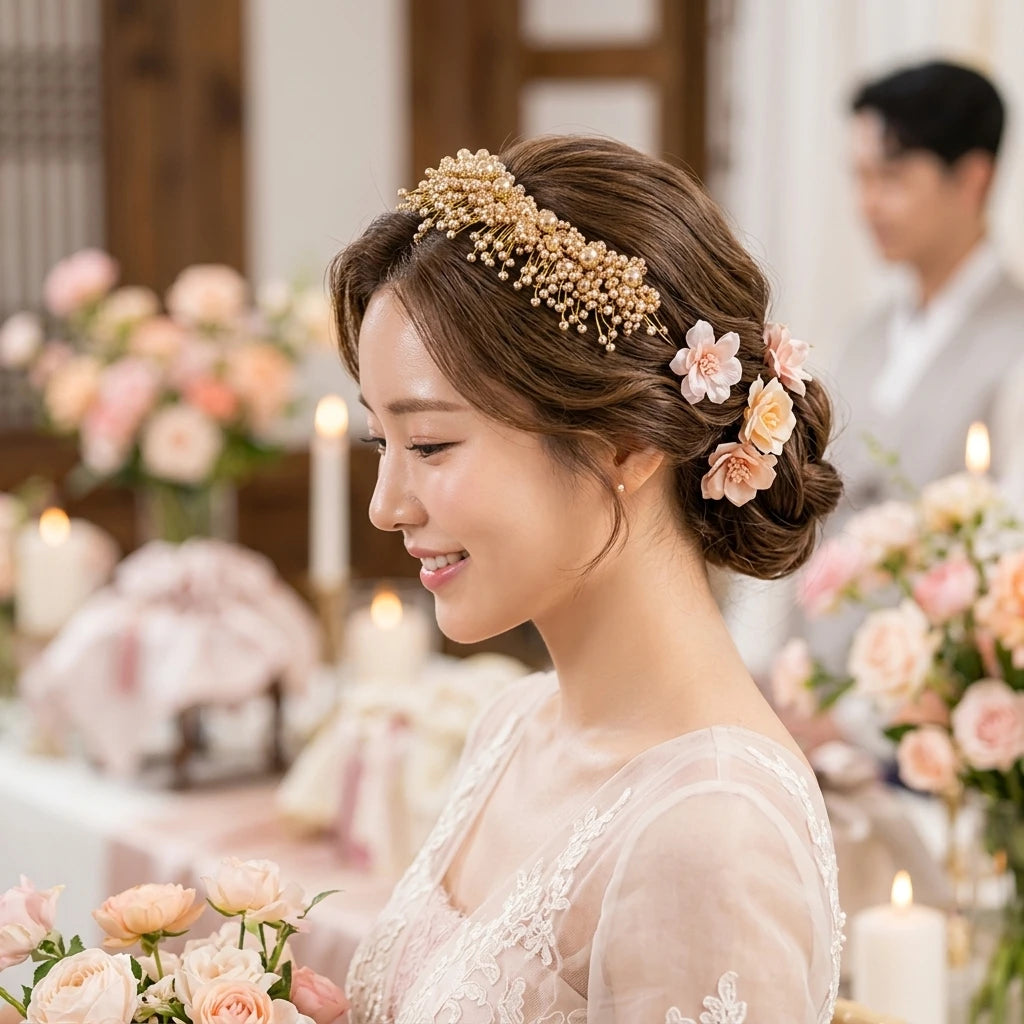 Bridal Pearl Hairband with Korean Style Pink Flower Wedding Accessory for Elegant Ceremony Look Peaceful Pleasures Health and Wellness