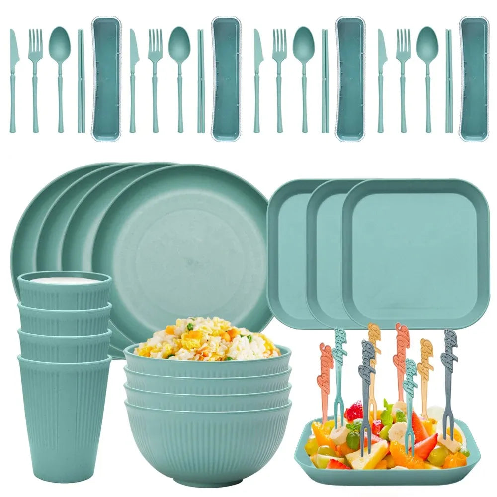 48-Piece Wheat Straw Eco-Friendly Dinnerware Set for 4 – BPA-Free Plates, Bowls, Mugs & Cutlery for Home & Camping