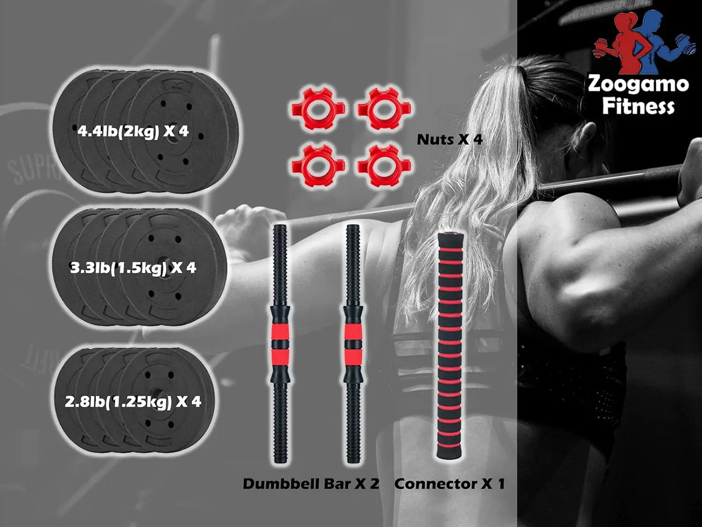Fitness equipment set with dumbbell bars, connectors, and weights, branded 'Zoogamo Fitness'.