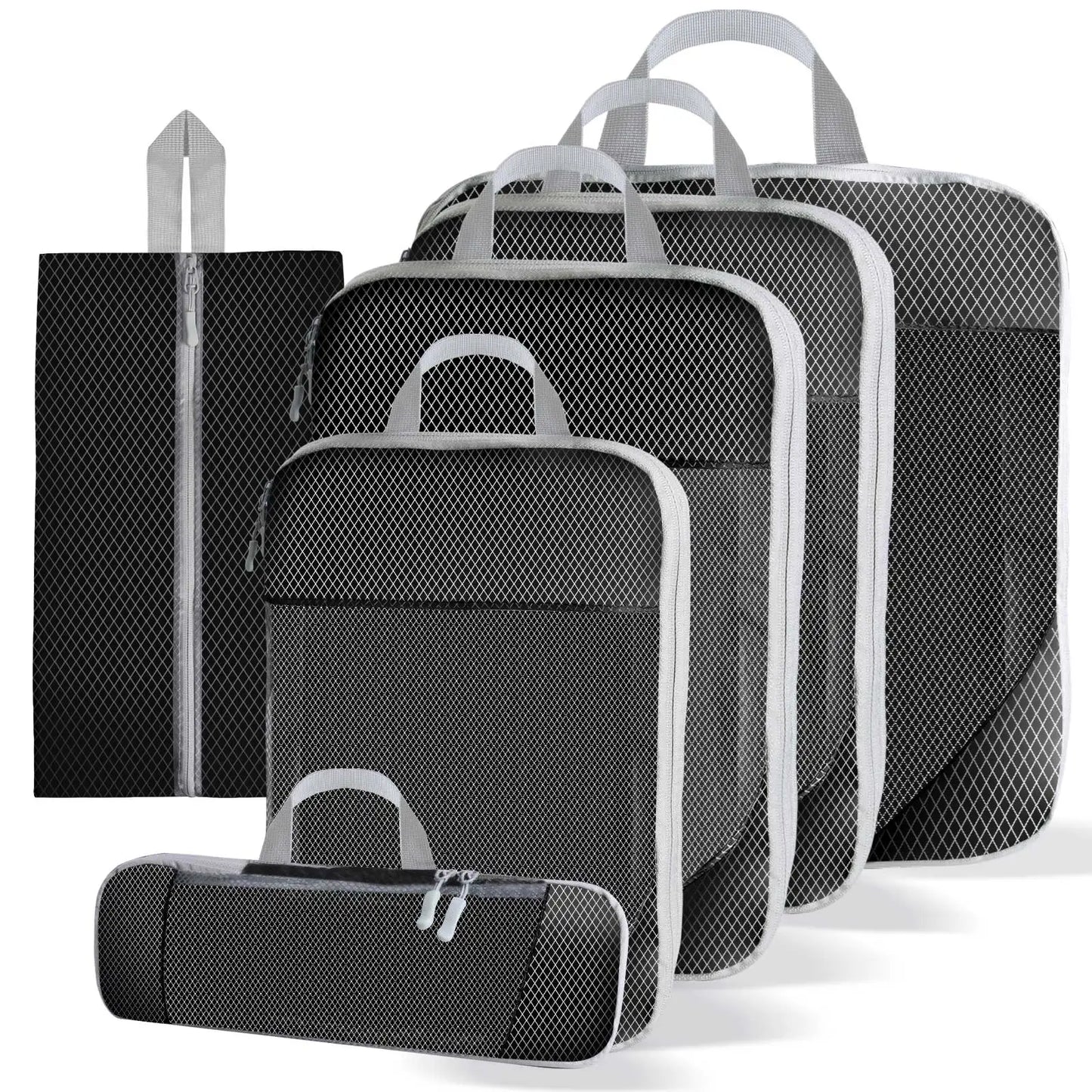 5/8pc Set Compression Packing Cube Extensible Waterproof Organizer Bags for Travel Suitcase Clothing Luggage Sorting W/ Shoe Bag Peaceful Pleasures Health and Wellness 6pcs black
