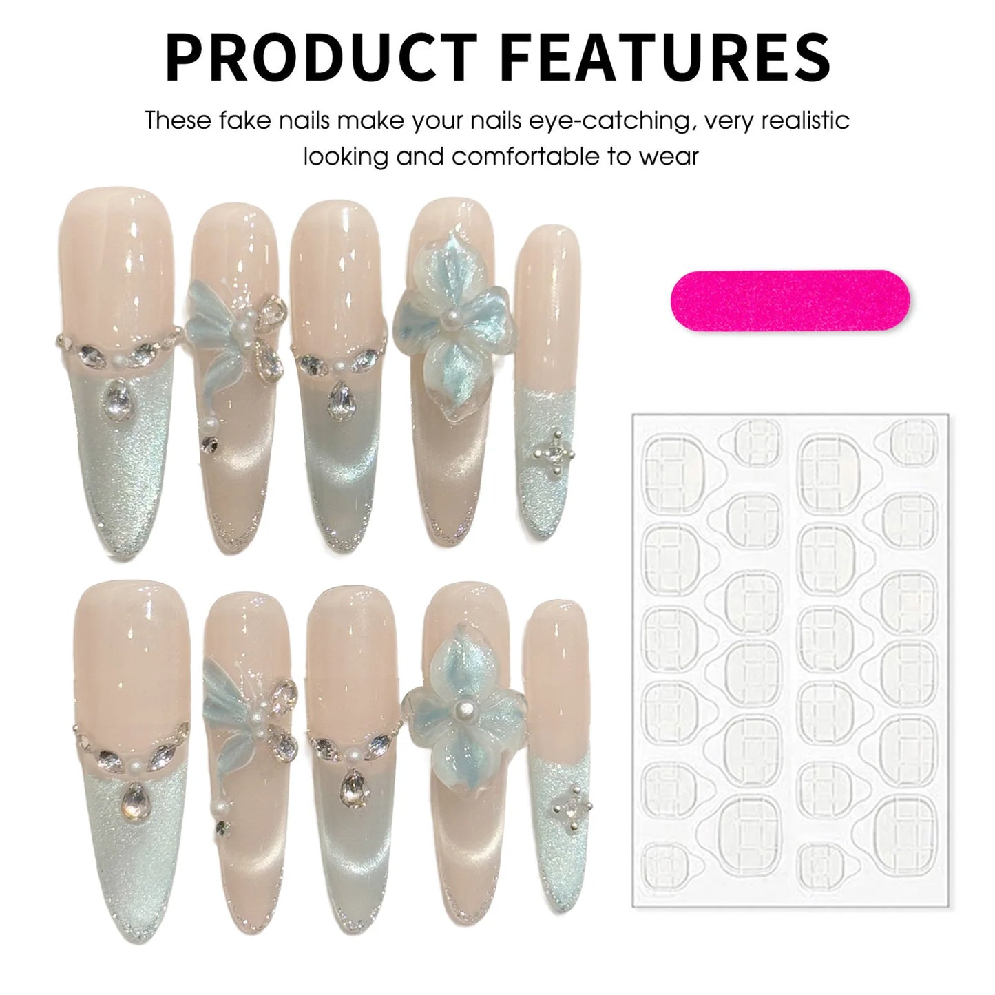Ice Blue Cat's Eye Press On Nails | 3D Flower Butterfly Almond