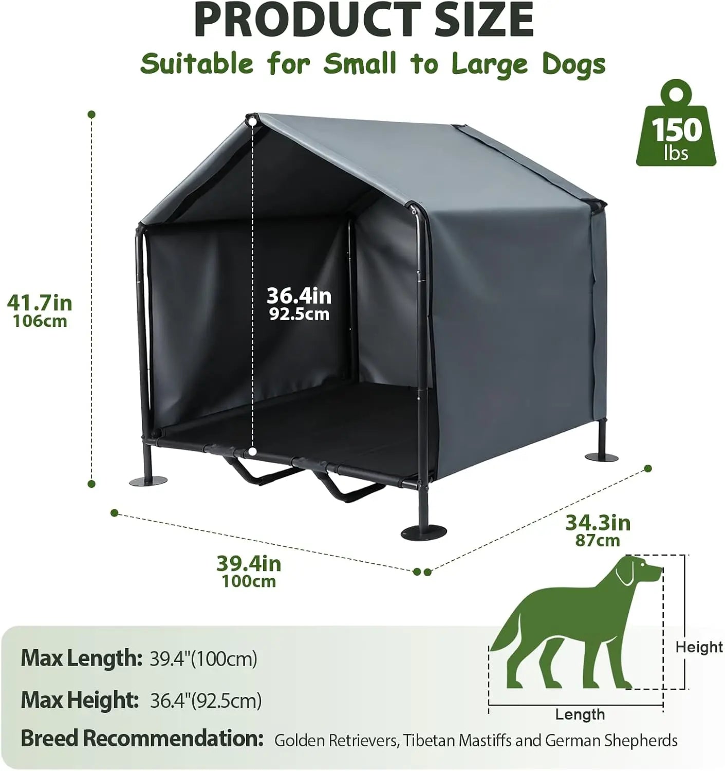 Dog bed dimensions and suitability for dogs up to 150 lbs.