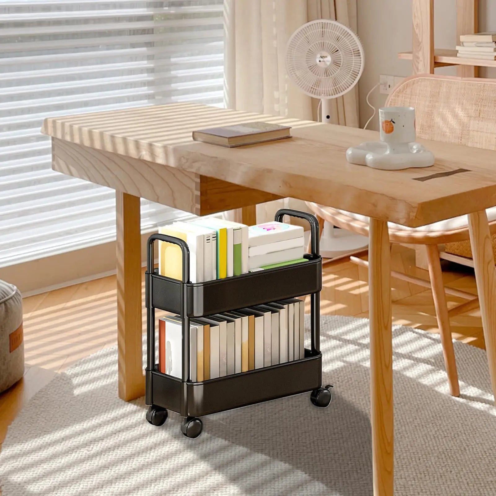 2-Tier Movable Bookshelf Cart with Wheels Multi-Purpose Storage Rack for Books Toys Snacks Household Mobile Organizer Peaceful Pleasures Health and Wellness