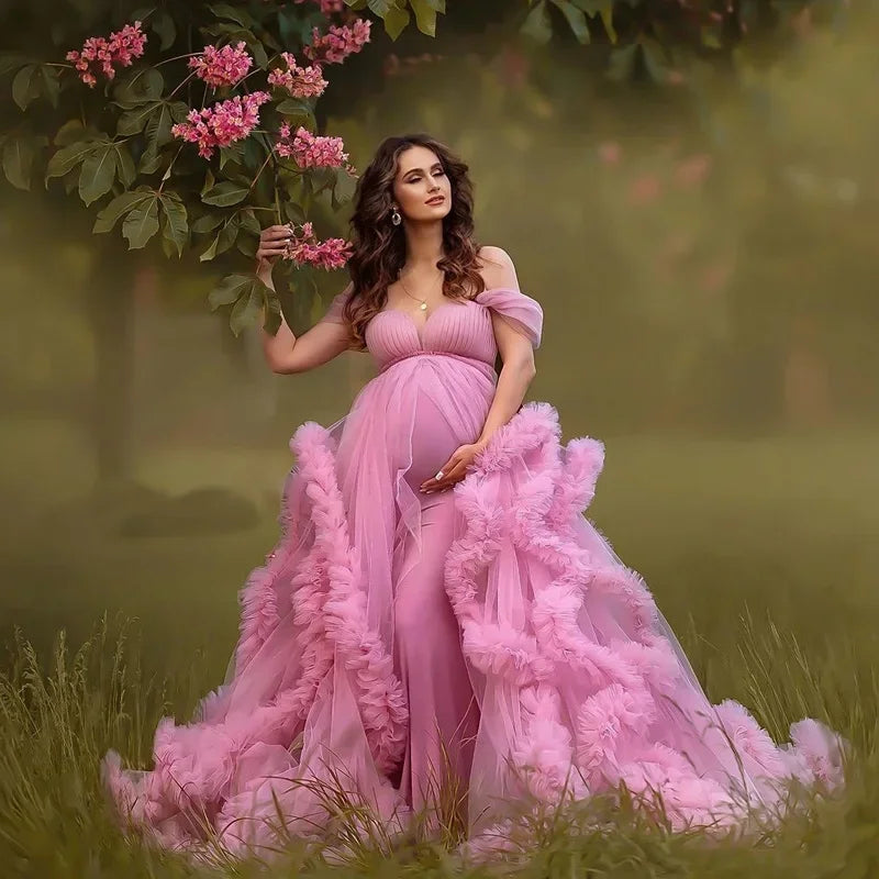 Fluffy White Tulle Maternity Robes for Photo Shoot Off Shoulder Tiered Ruffles Pregnant Women Dress Sexy Babyshower Gown Peaceful Pleasures Health and Wellness Pink US 16 China Mainland