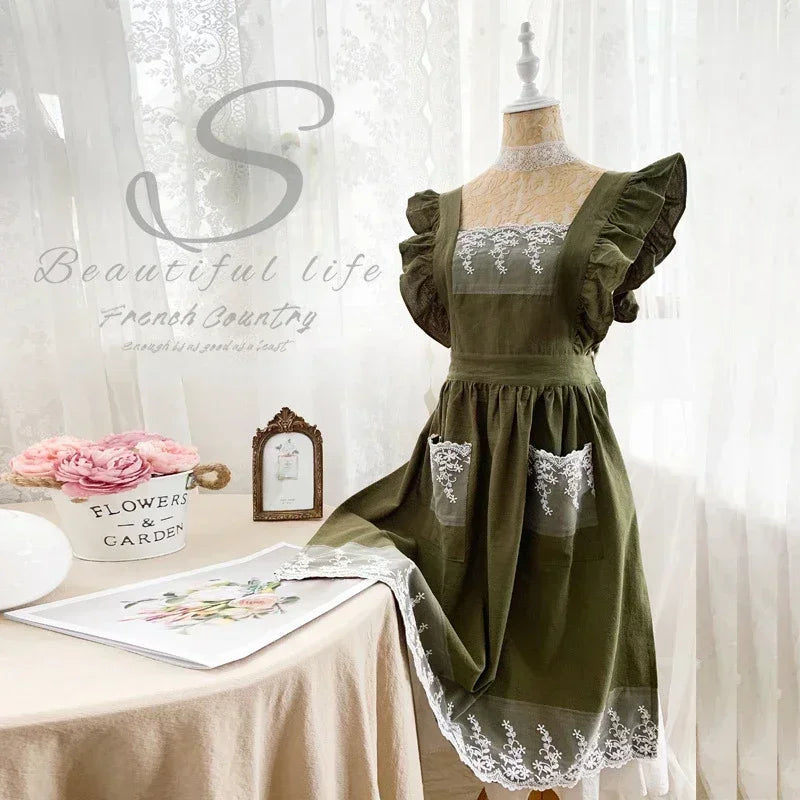Pure Cotton Apron Floral Art All-cotton Garden Smock Princess Full-body Flower Shop Work Clothes Summer Linen Manicure Apron New Peaceful Pleasures Health and Wellness Dark Green