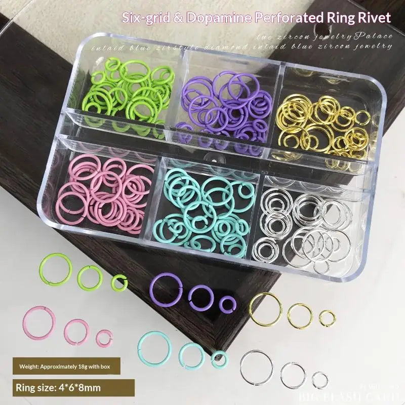 6-Grid Dopamine Nail Art Rings – Mixed Metal Rivets & Charms