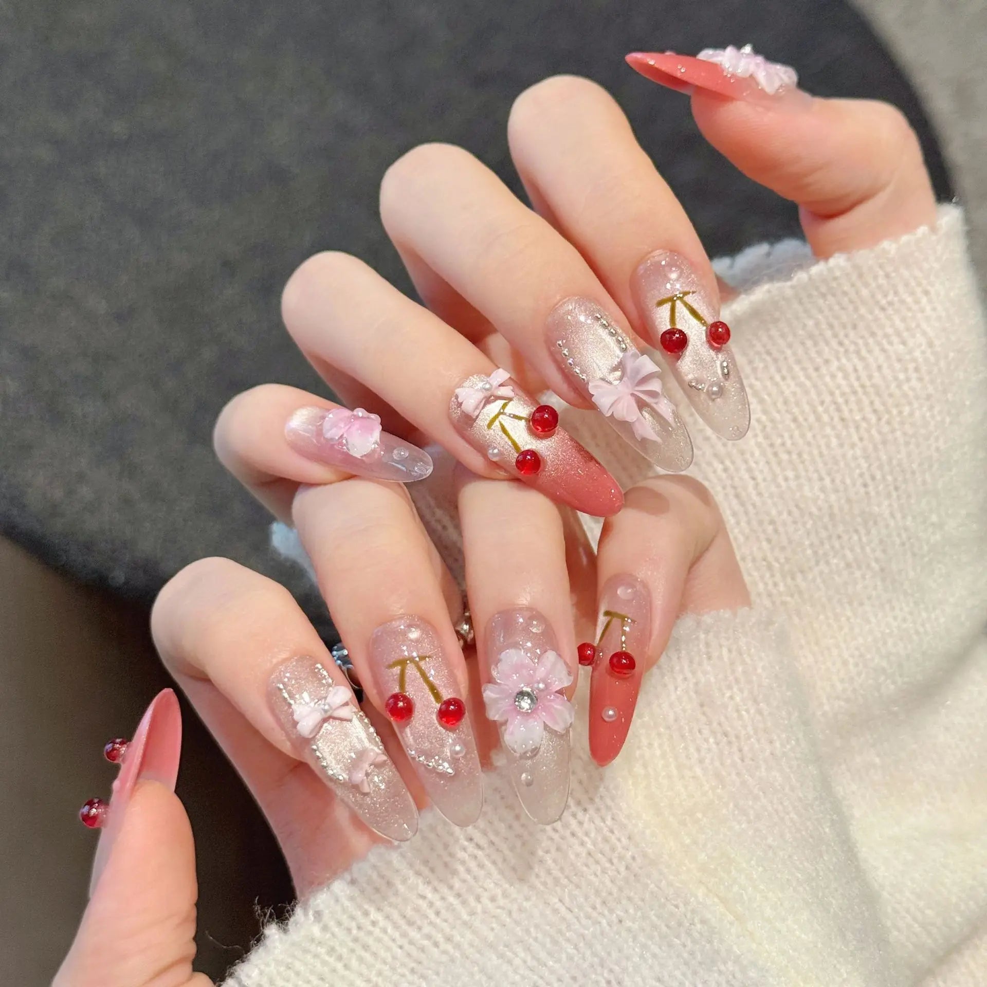 10PCS 3D Cherry Bowknot Decor Handmade Press on Nails Glitter Almond Sweet Fake Nails Wearable Blush Cat's Eye False Nails Art Peaceful Pleasures Health and Wellness L