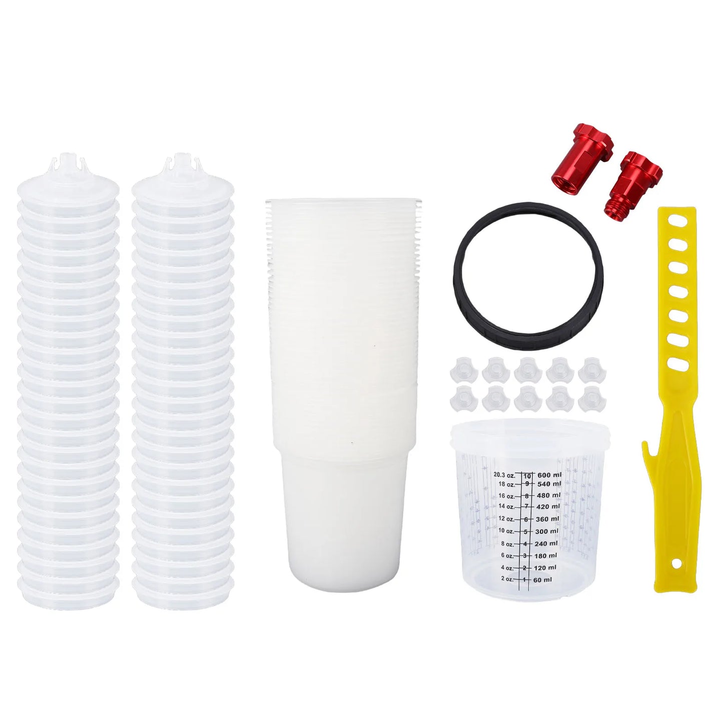 Spray Gun Cup Liners and Lid System Disposable 50pcs 20.3oz Liners 1 Hard Cup 1 Fixing Ring 10 Plugs 1 Mixing Rod 2 Adapters Peaceful Pleasures Health and Wellness 1 Set