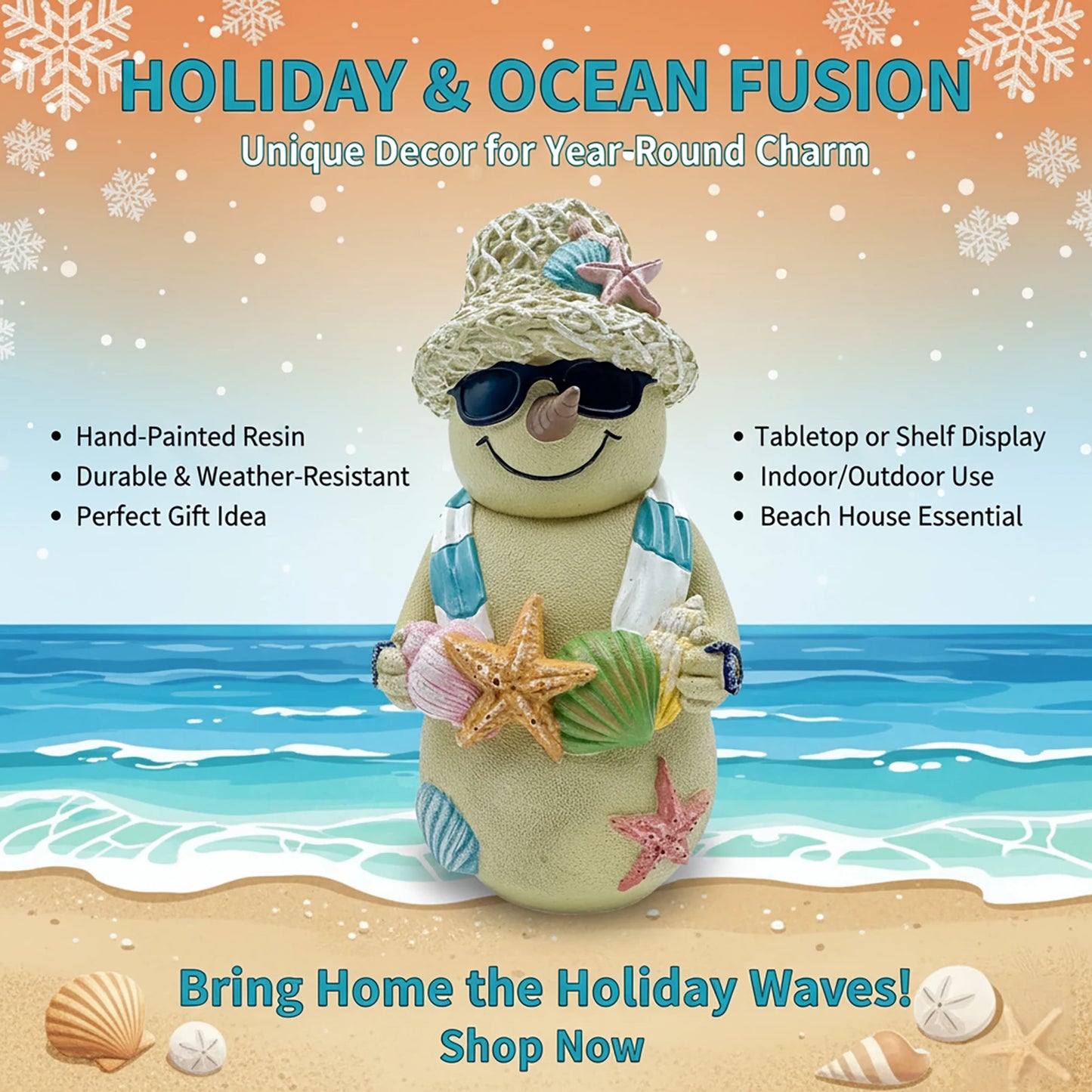 Christmas Beach Snowman Decor 18cm Ocean Theme Resin Ornament with Seashells for Holiday Tabletop Gift Display Peaceful Pleasures Health and Wellness