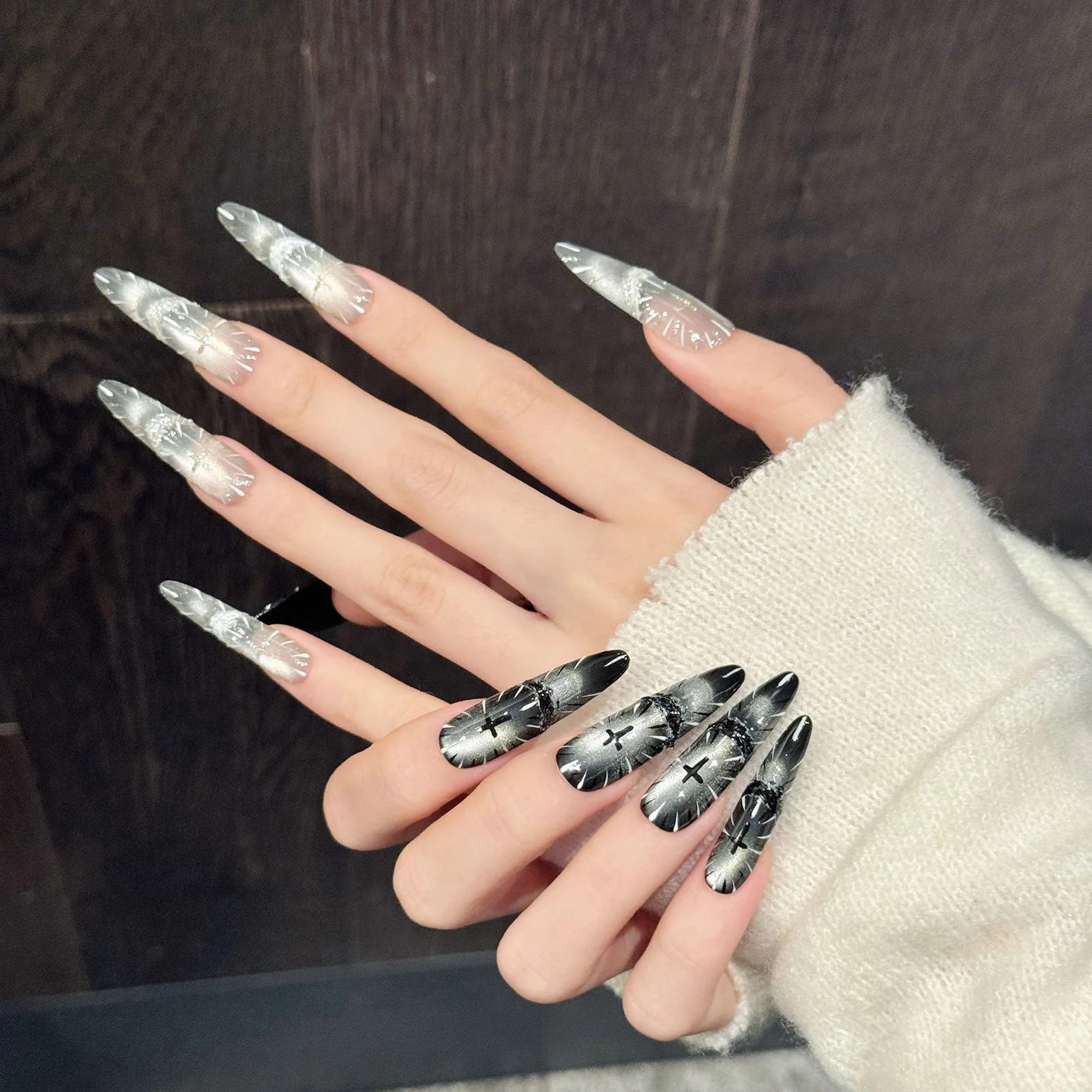 10pcs AB Style Handmade Y2K Press on Nails American Cat's Eye French Fake Nail Decor Almond Tips Wearable Blush False Nails Long Peaceful Pleasures Health and Wellness