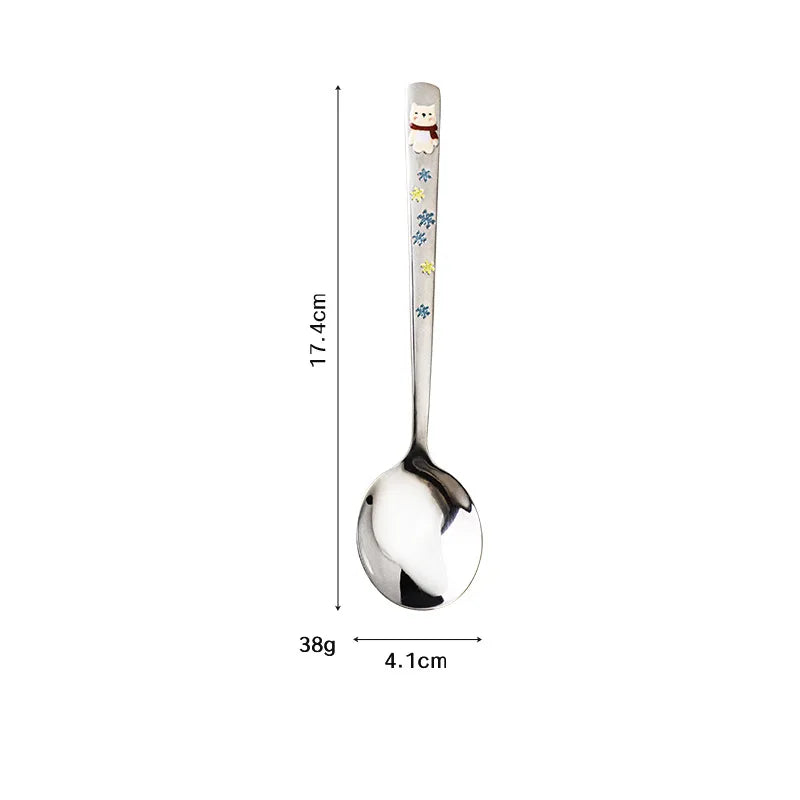 Hot 304 Stainless Steel Round Spoon Cartoon Embossed Deer Spoon Korean Style Household Long Handle Drinking Spoon Peaceful Pleasures Health and Wellness No horned deer Red