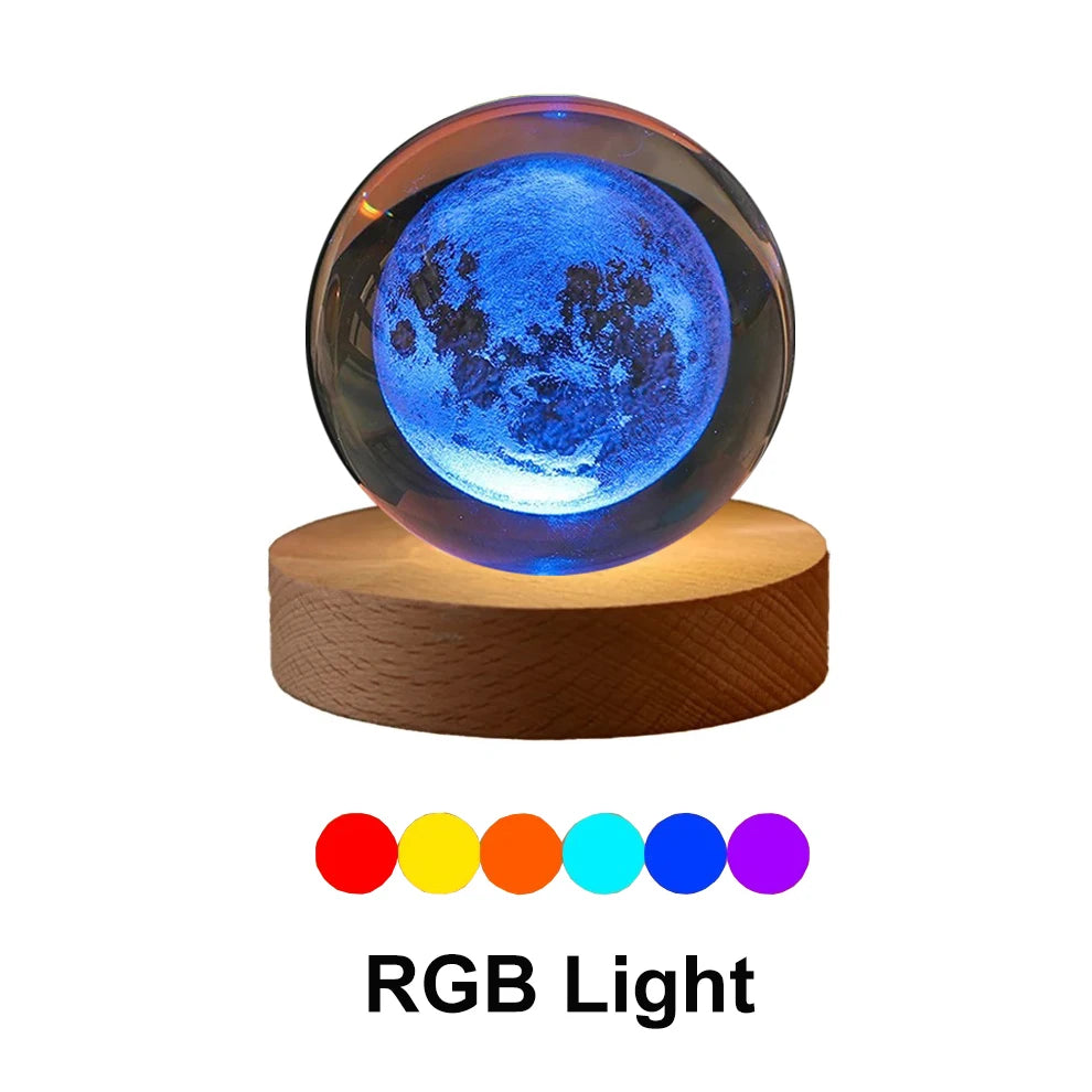 6cm Bedside RGB Lamp Solar Theme Cosmos Series Crystal Ball Night Lights Milky Way Moon Small Ornaments for Desk Creative Gift Peaceful Pleasures Health and Wellness Moon-RGB USB Plug
