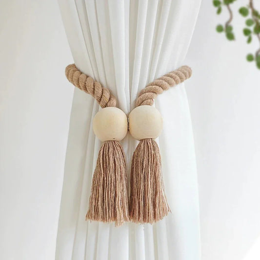 Magnetic Curtain Tieback – Handwoven Cotton Fringe Rope Holdback Curtain Tieback Oasis Select Brown 1 PC