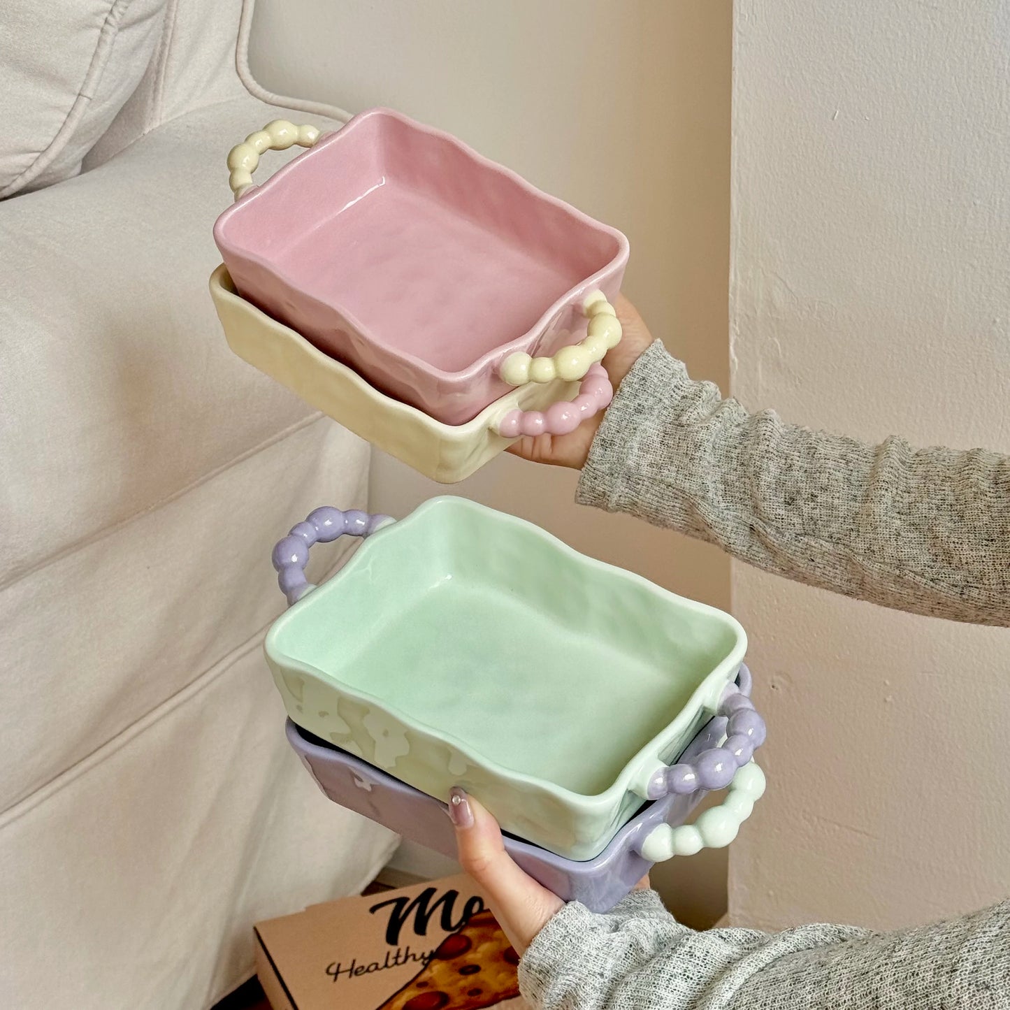 Color Blocked Sugar Bean Irregular Baking Tray Ceramic Double Ear Baking Bowl High End Microwave Oven Baking Utensils Practical Peaceful Pleasures Health and Wellness