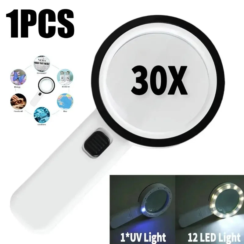 30X Handheld Portable Magnifier 12 LED Illuminated with UV Light Magnifying Loupe for Reading Jewelry Watch Repair Peaceful Pleasures Health and Wellness
