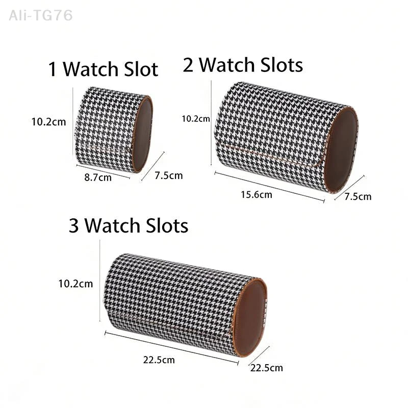 Houndstooth PU Leather Watch Roll Travel Case | 1-3 Slots