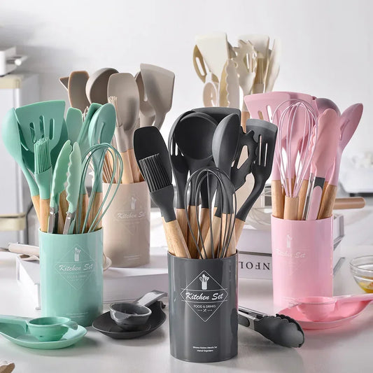 12Pcs Silicone Kitchen Cooking Utensils Set Wooden Handle Cooking Tool Non-stick Cookware Spatula Shovel Egg Kitchenware Beaters Peaceful Pleasures Health and Wellness