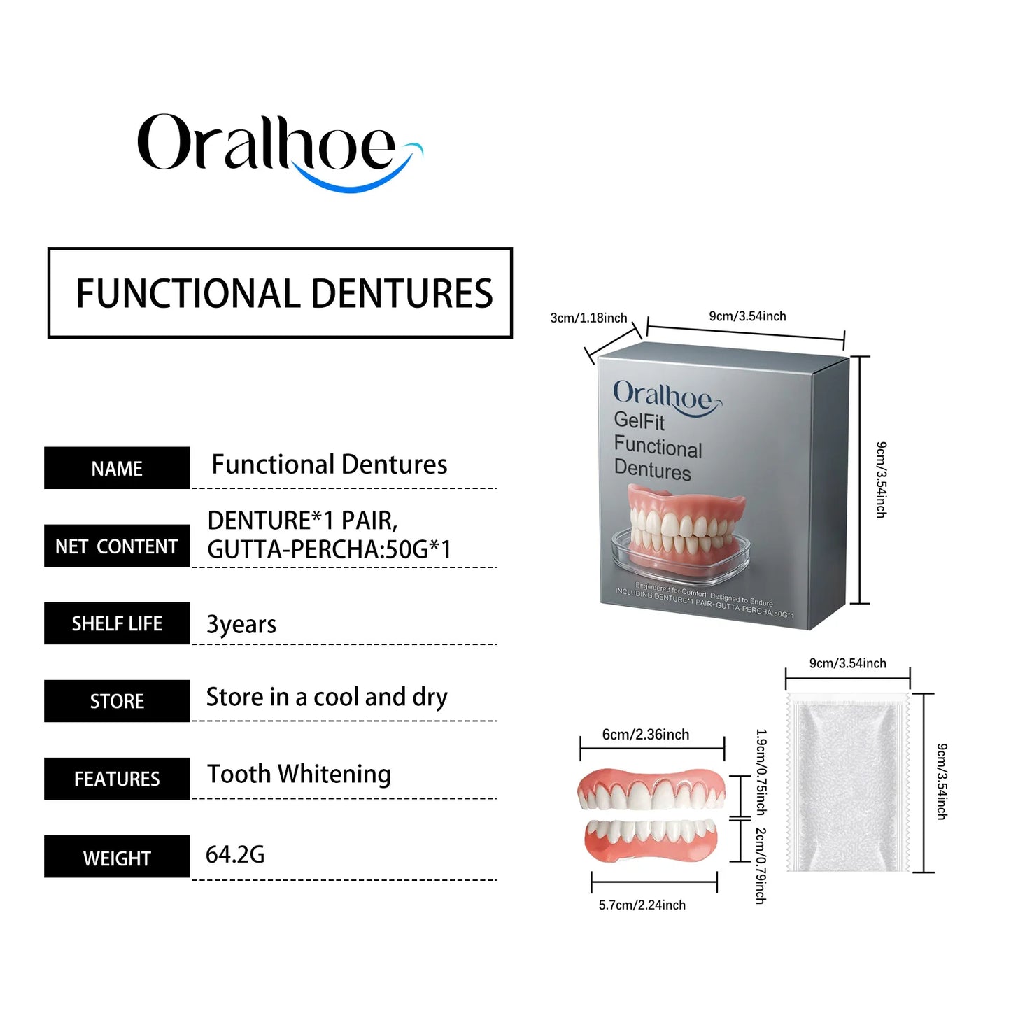 ORALHOE Gel-Fit Resin Denture Set | Cover Tooth Loss & Smile