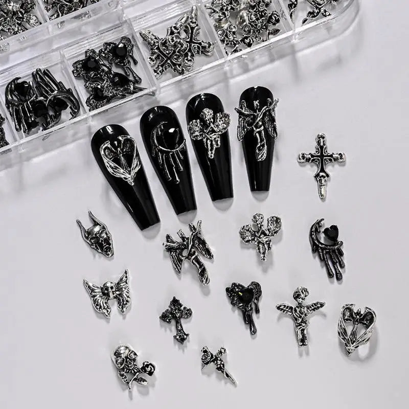 12Grid Vintage Cross Nail Art Charms Y2k Metal Style Alloy Cross Skeleton Angel Nail Decorations Accessories Peaceful Pleasures Health and Wellness