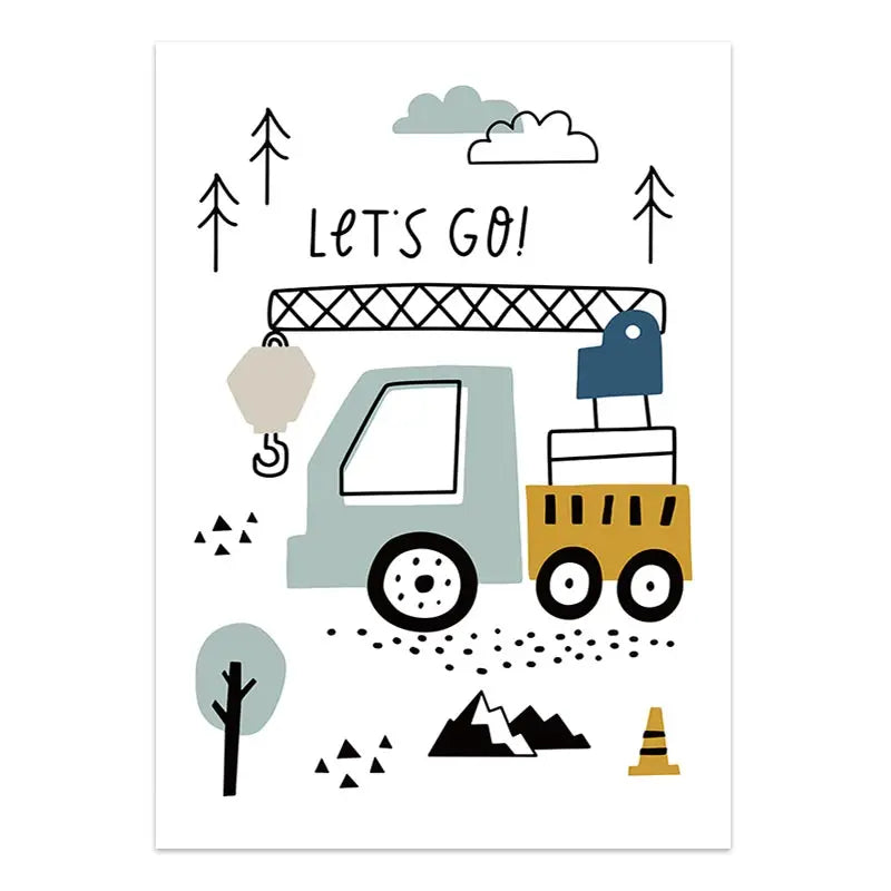 Cartoon Construction Vehicles Canvas Wall Art | Boys Nursery