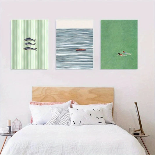 3-Piece Oceanic Fish Green & White Canvas Wall Art Print Canvas Wall Art Peaceful Pleasures Health and Wellness G5365-3pcs 60x80cm Unframed