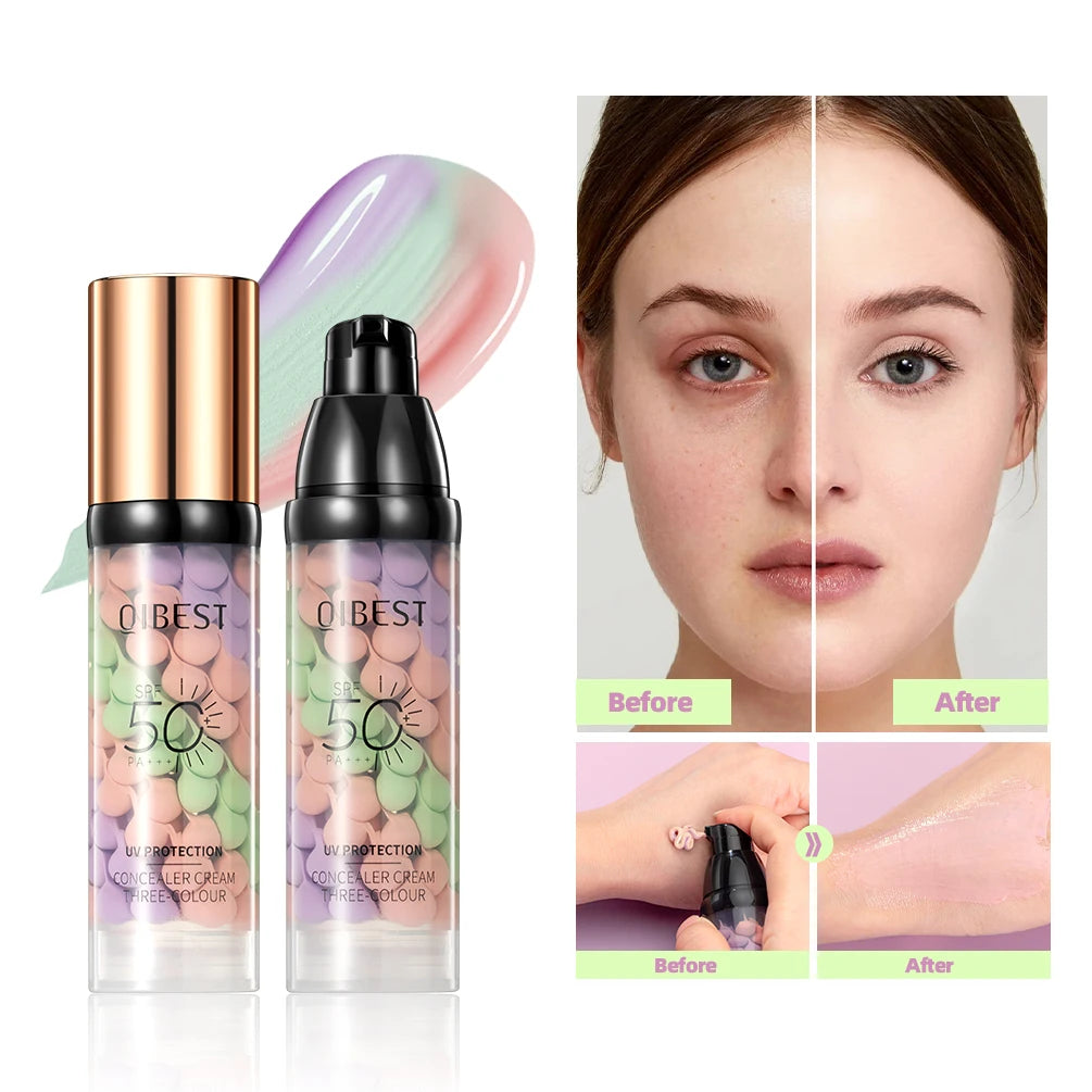 QIBEST Three Color Liquid Concealer Mixed Isolation Lotion Makeup Invisible Pore Moisturizing Bright Skin Face Primer Foundation Peaceful Pleasures Health and Wellness 1pc