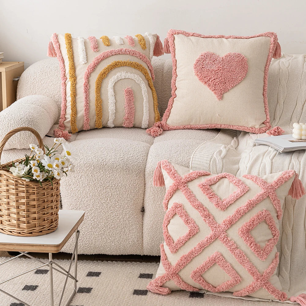 Woven Tufted Decorative Pillow Cover with Tassel Pink Boho Linen Cotton Pillowcase for Bed Living Room Sofa Cushion Home Decor Peaceful Pleasures Health and Wellness