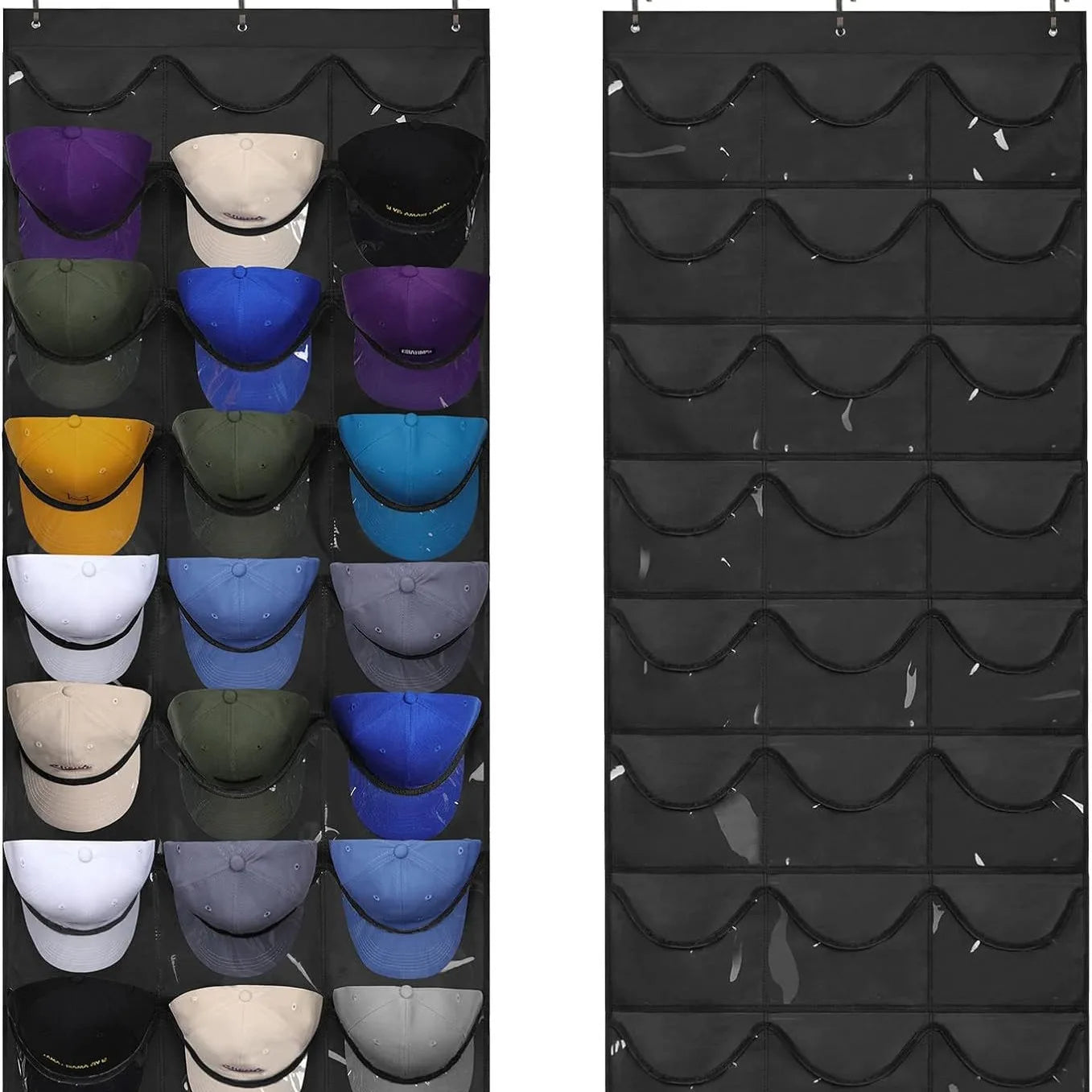 24-Pocket Clear Door Hanging Hat Organizer Storage Rack for Baseball Caps Bedroom Hat Storage Holder Protect Rack Peaceful Pleasures Health and Wellness black
