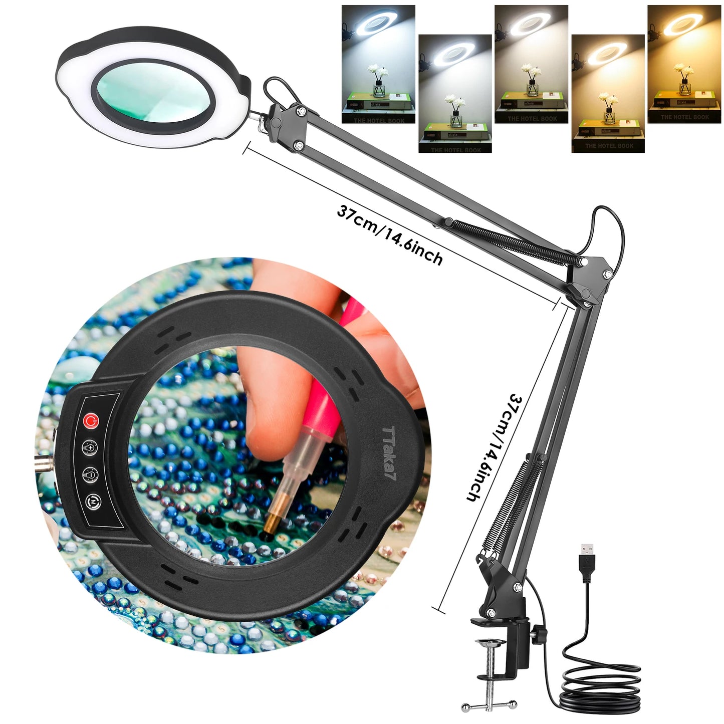 72LED 8X/10X NEW Illuminated Magnifier USB 3 Colors LED Magnifying Glass for Soldering Iron Repair/Table Lamp/Skincare Beauty Peaceful Pleasures Health and Wellness New black--long