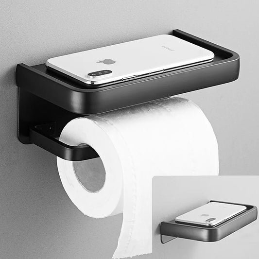 Wall-Mounted Aluminum Toilet Paper Holder with Phone Shelf Toilet Paper Holder Peaceful Pleasures Health and Wellness