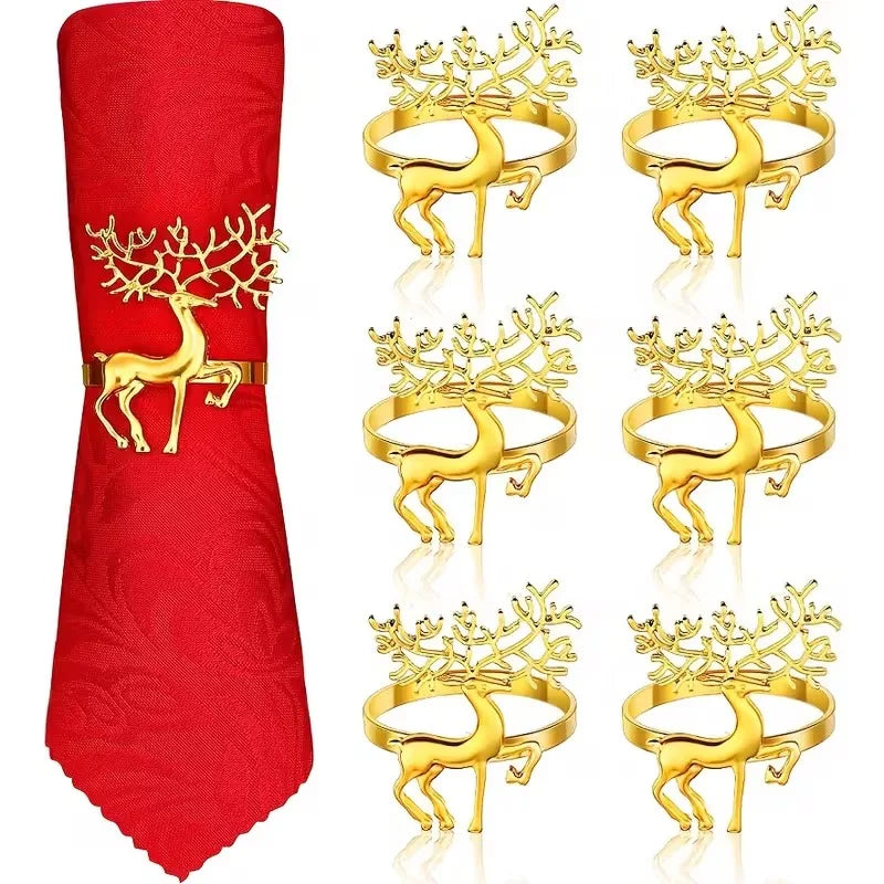 Gold Elk Christmas Napkin Rings Set 6/12/24 | Holiday Table Decor