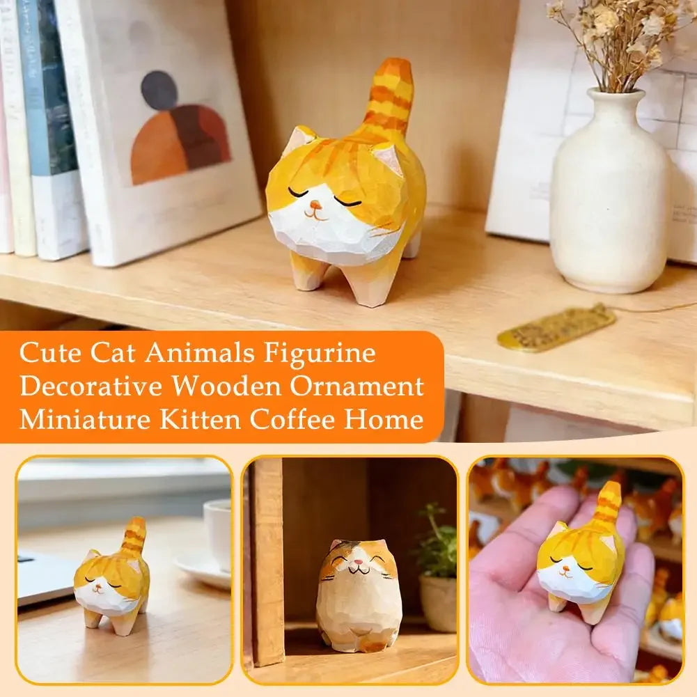 Handmade Wooden Carved Cat Figurine Multi Style Cute Kitten Sculpture Calico Orange Cat Desktop Decor Home Indoor Art Craft Peaceful Pleasures Health and Wellness