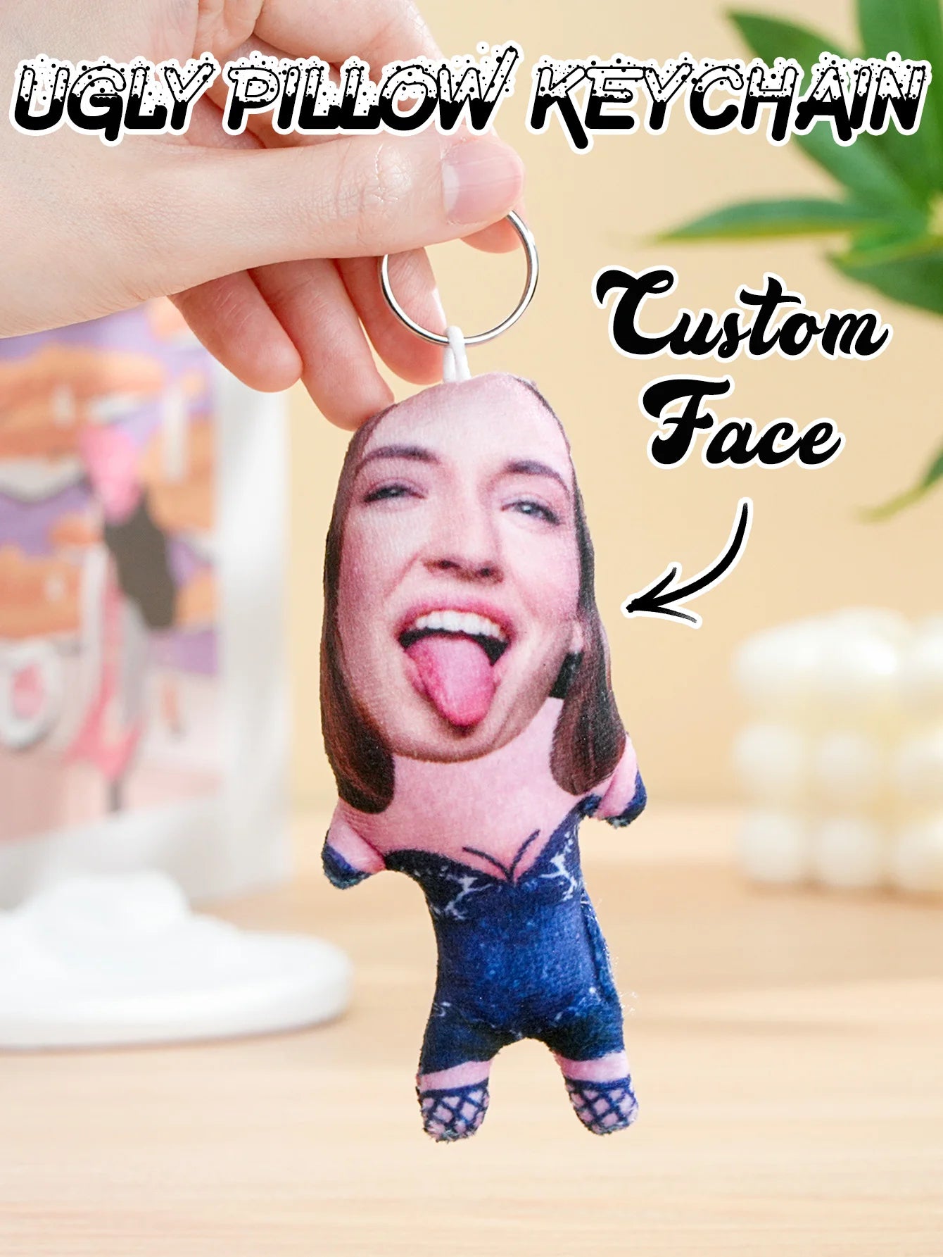 1pc Custom Face Pillow Keychain Funny Ugly Plush Keychain Custom Photo Keyring Gift For Friends Family Boyfriend Girlfriend Peaceful Pleasures Health and Wellness Style 9 6x12cm