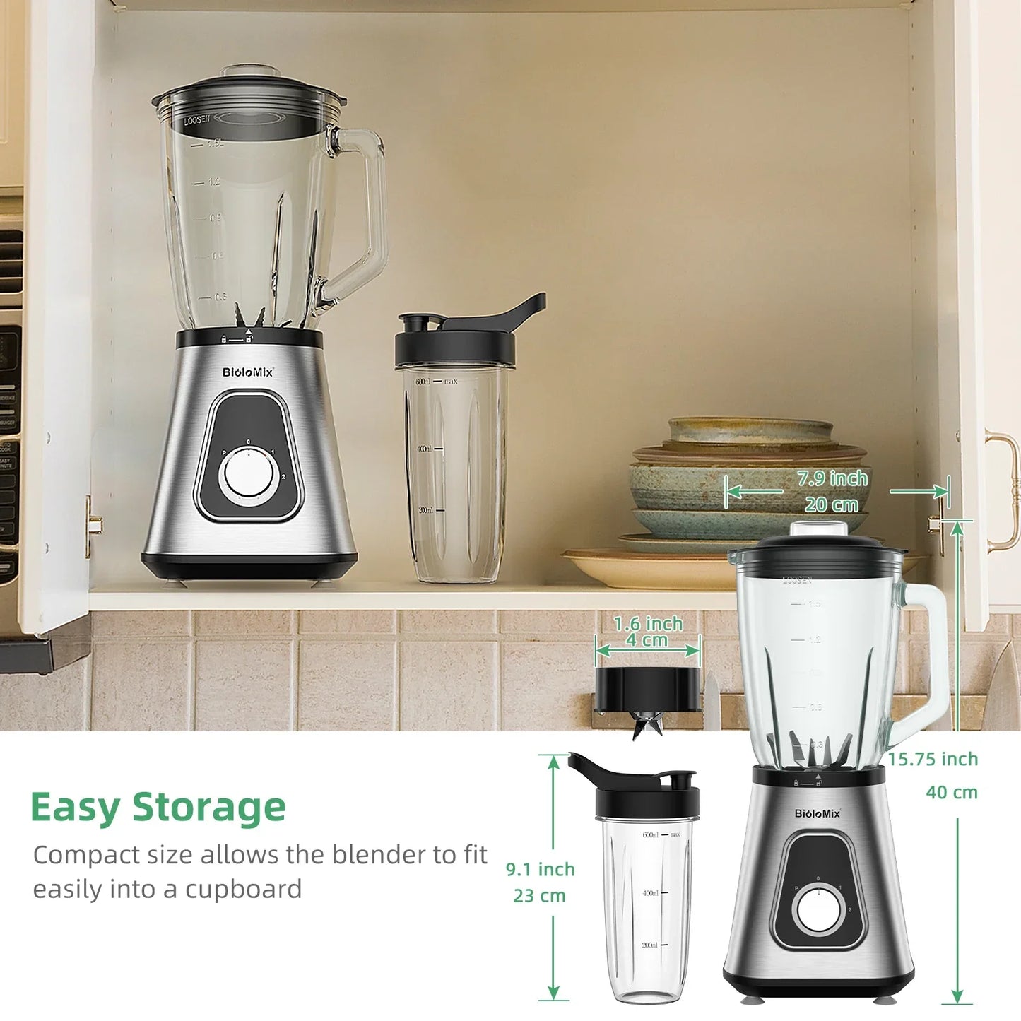 BioloMix 1300W 2-in-1 Blender – 1.5L Glass Jar & Travel Cup Blender BioloMix