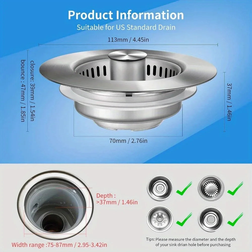 3-in-1 Stainless Steel Kitchen Sink Strainer & Pop-Up Stopper