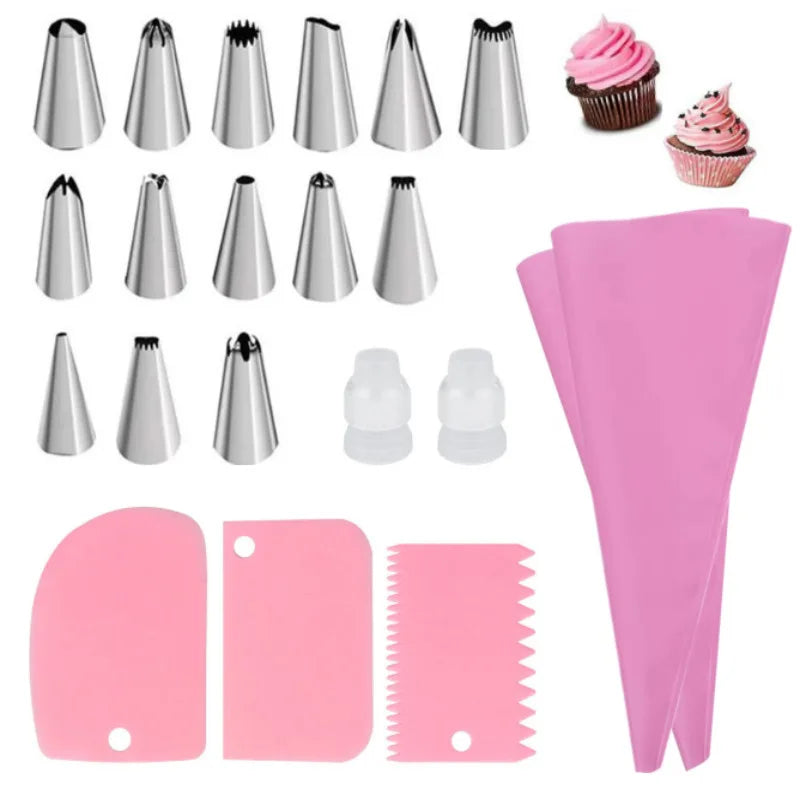 Cake Decorating Set – Silicone Piping Bags & Steel Nozzles