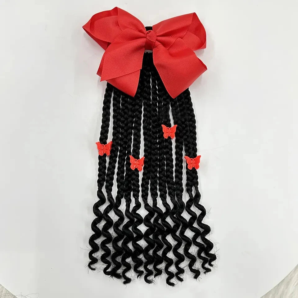 Kids Braided Ponytail with Beads and Bow Kids Hair Extension Ponytail with Curly End for Girls Black Girl Hair Accessories Peaceful Pleasures Health and Wellness Red